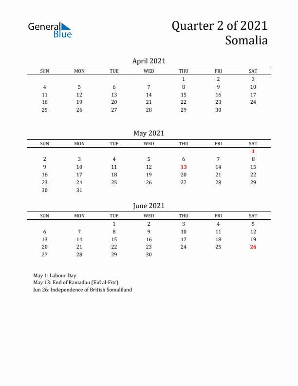 Quarter 2 2021 Somalia Quarterly Calendar