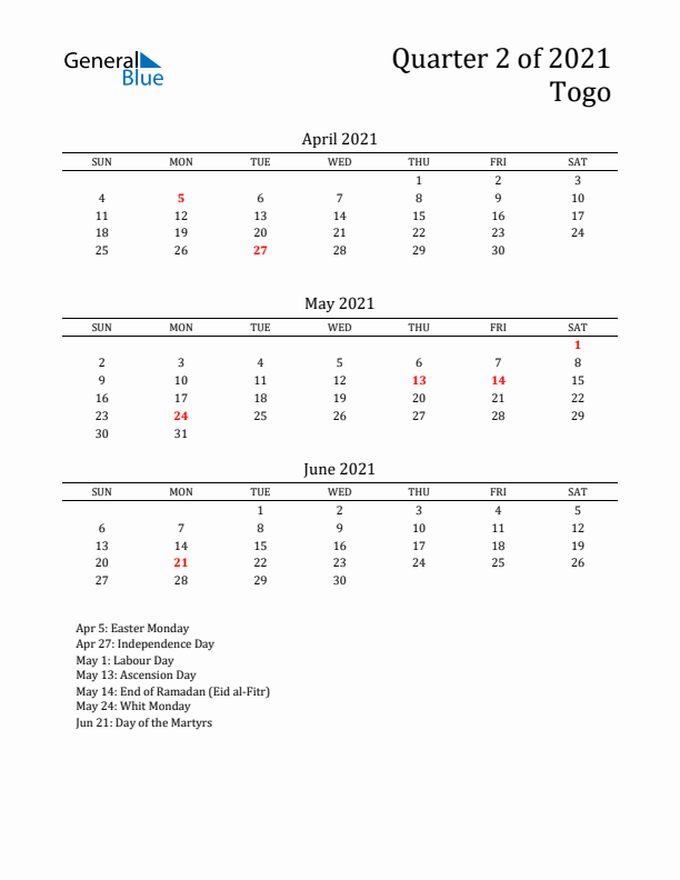 Quarter 2 2021 Togo Quarterly Calendar