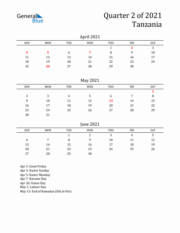 Quarter 2 2021 Tanzania Quarterly Calendar