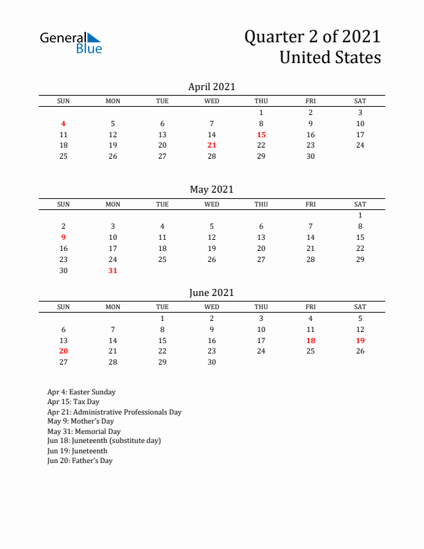 Quarter 2 2021 United States Quarterly Calendar