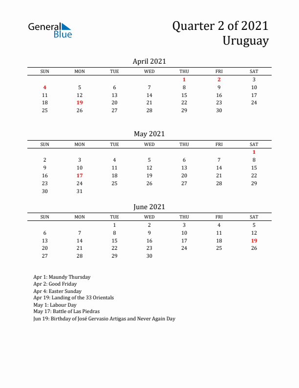 Quarter 2 2021 Uruguay Quarterly Calendar