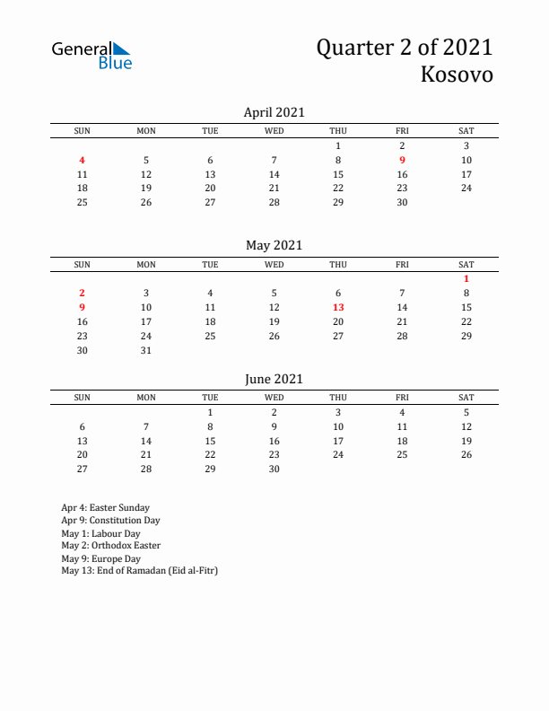 Quarter 2 2021 Kosovo Quarterly Calendar