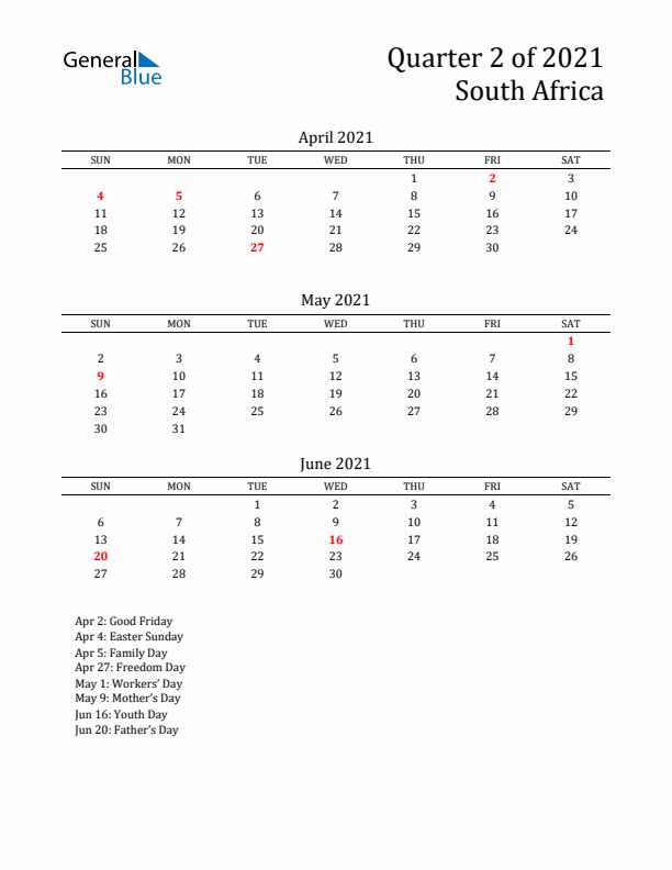 Quarter 2 2021 South Africa Quarterly Calendar