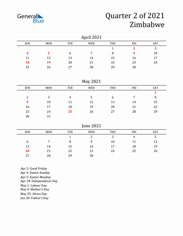 Quarter 2 2021 Zimbabwe Quarterly Calendar