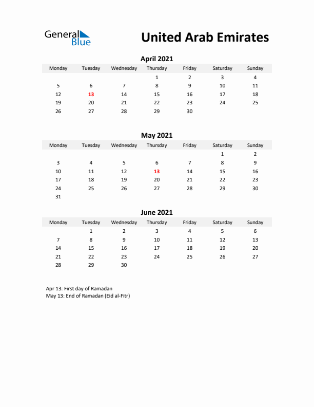 Printable Quarterly Calendar with Notes and United Arab Emirates Holidays- Q2 of 2021