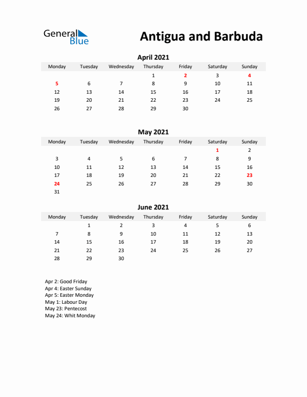 Printable Quarterly Calendar with Notes and Antigua and Barbuda Holidays- Q2 of 2021