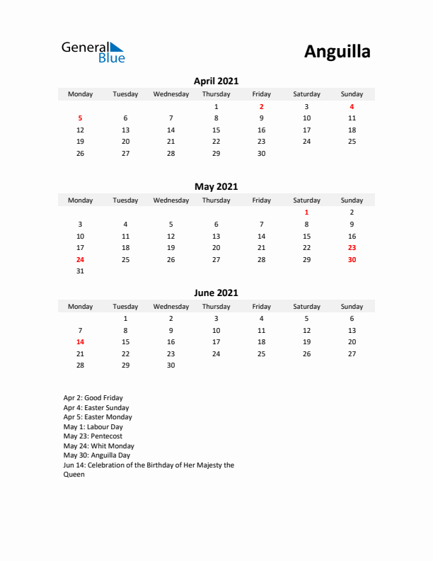 Printable Quarterly Calendar with Notes and Anguilla Holidays- Q2 of 2021