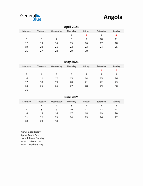 Printable Quarterly Calendar with Notes and Angola Holidays- Q2 of 2021