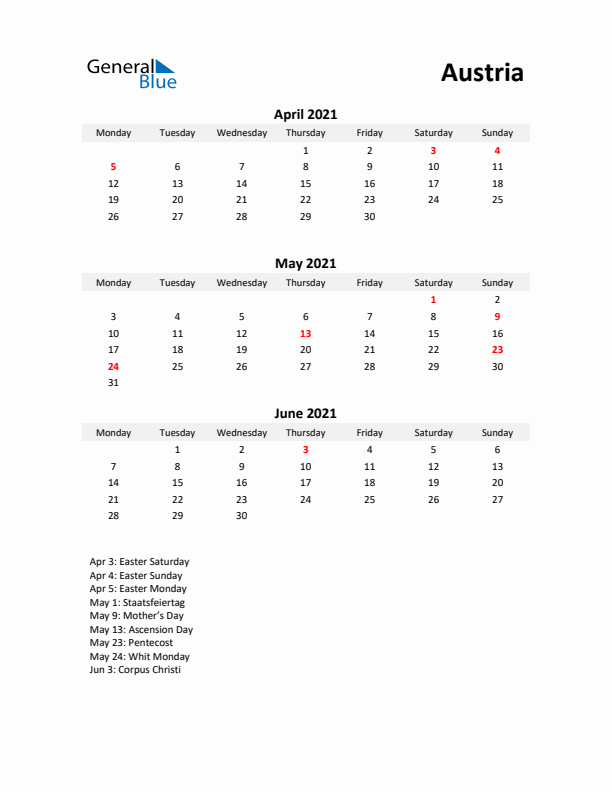 Printable Quarterly Calendar with Notes and Austria Holidays- Q2 of 2021