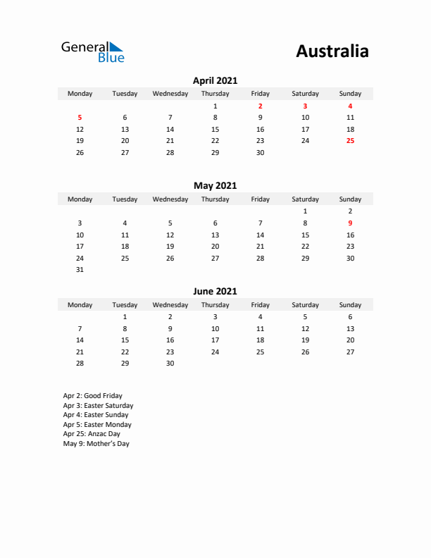 Printable Quarterly Calendar with Notes and Australia Holidays- Q2 of 2021