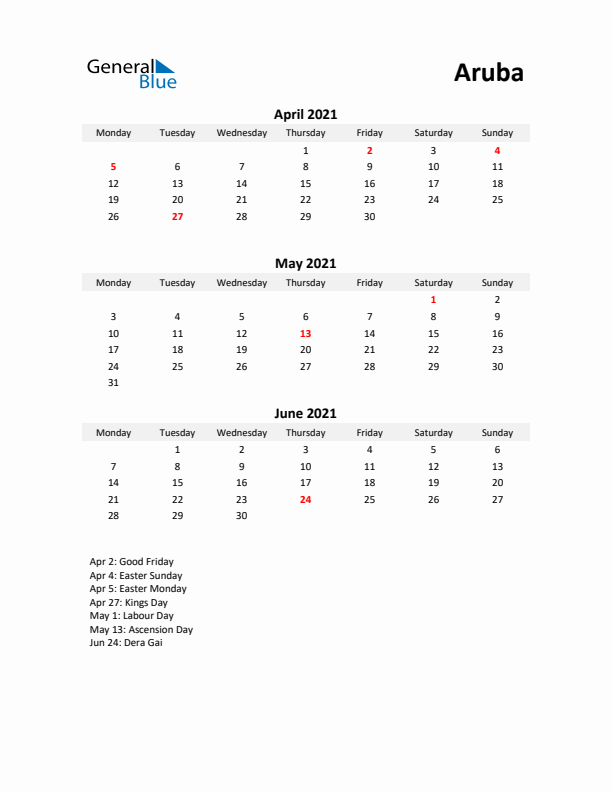 Printable Quarterly Calendar with Notes and Aruba Holidays- Q2 of 2021