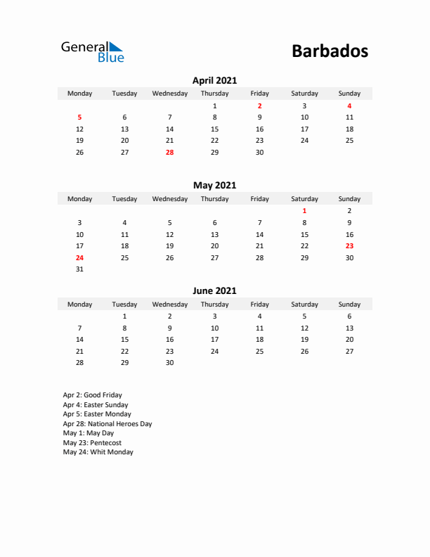 Printable Quarterly Calendar with Notes and Barbados Holidays- Q2 of 2021