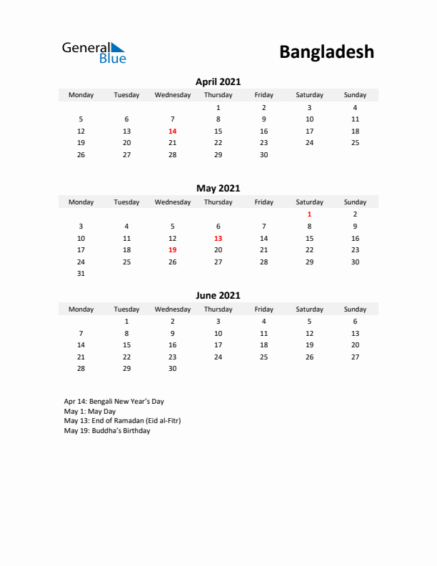 Printable Quarterly Calendar with Notes and Bangladesh Holidays- Q2 of 2021