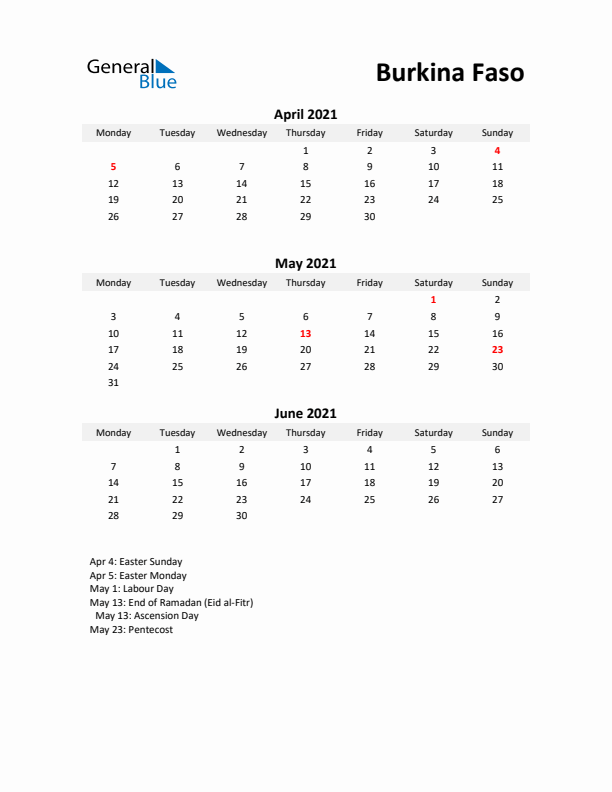 Printable Quarterly Calendar with Notes and Burkina Faso Holidays- Q2 of 2021