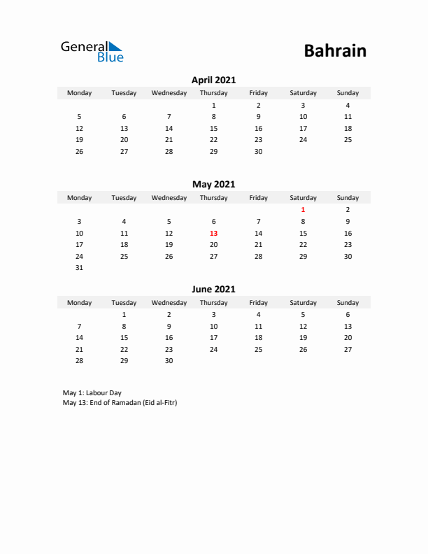 Printable Quarterly Calendar with Notes and Bahrain Holidays- Q2 of 2021