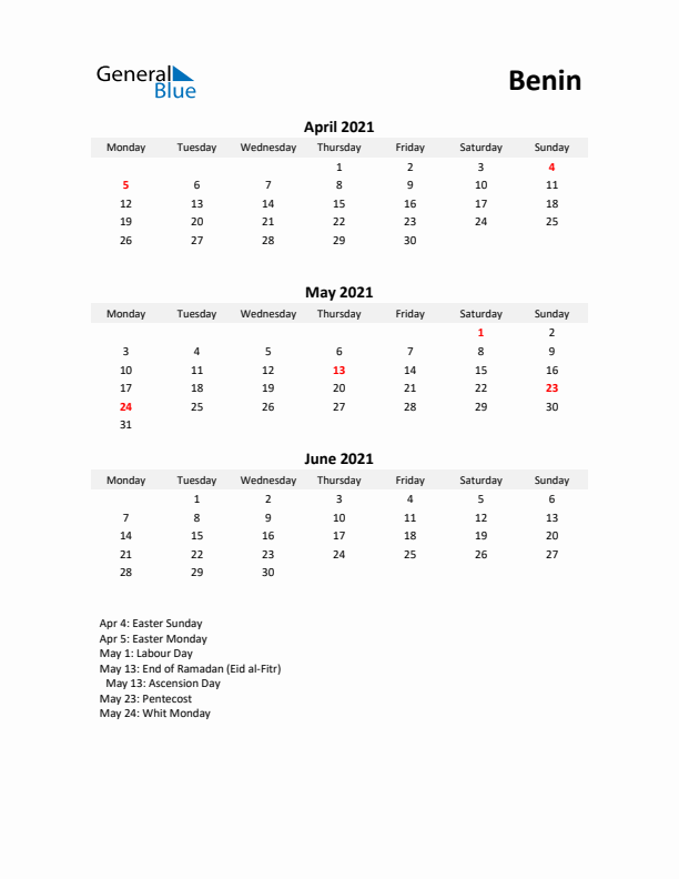 Printable Quarterly Calendar with Notes and Benin Holidays- Q2 of 2021