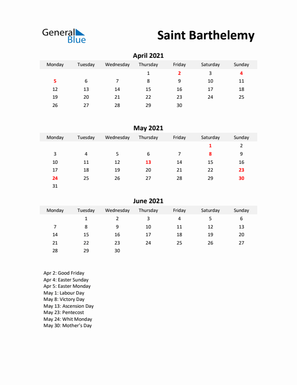 Printable Quarterly Calendar with Notes and Saint Barthelemy Holidays- Q2 of 2021