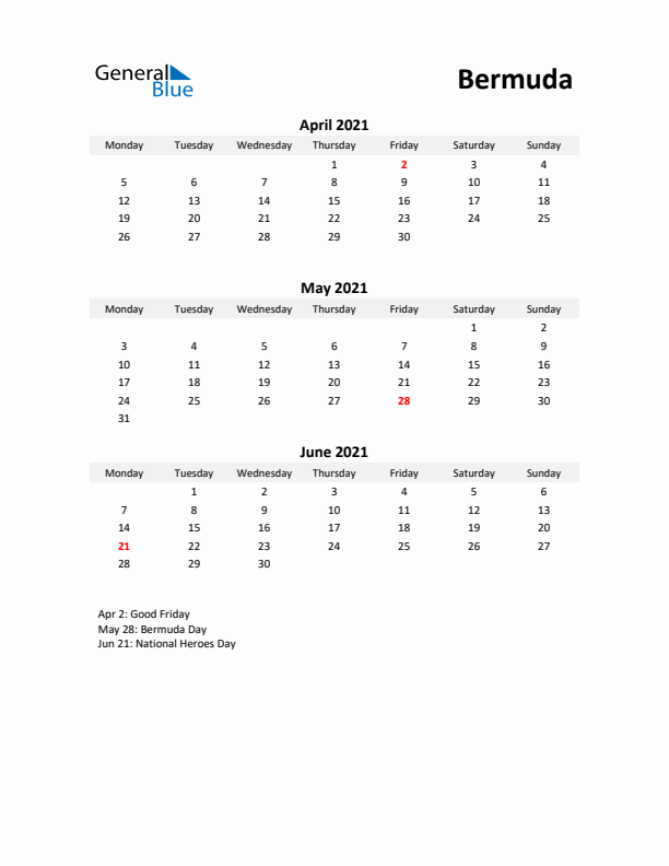 Printable Quarterly Calendar with Notes and Bermuda Holidays- Q2 of 2021