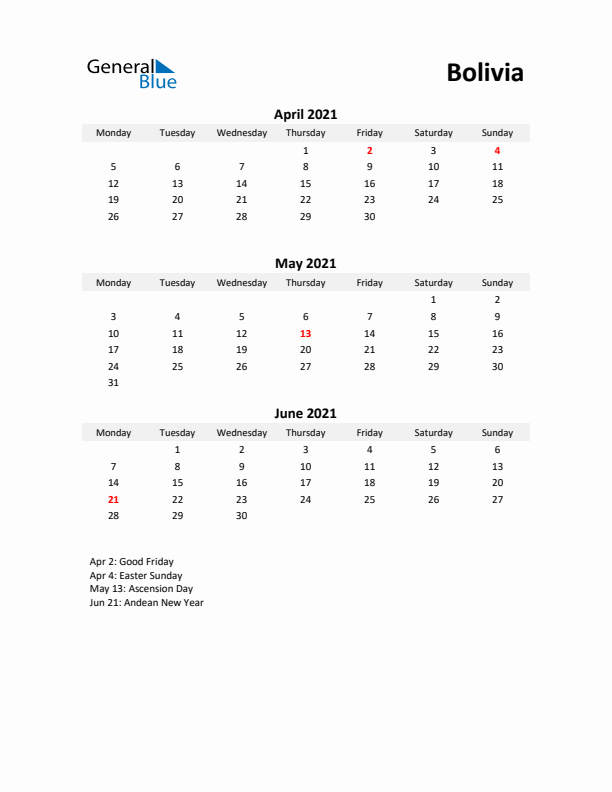 Printable Quarterly Calendar with Notes and Bolivia Holidays- Q2 of 2021