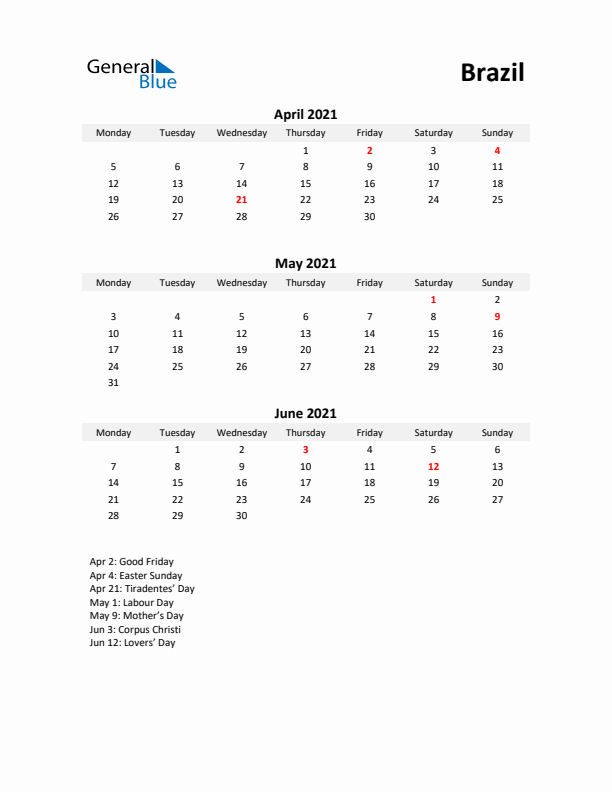 Printable Quarterly Calendar with Notes and Brazil Holidays- Q2 of 2021