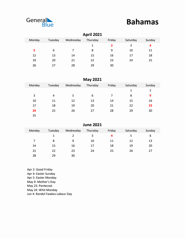 Printable Quarterly Calendar with Notes and Bahamas Holidays- Q2 of 2021