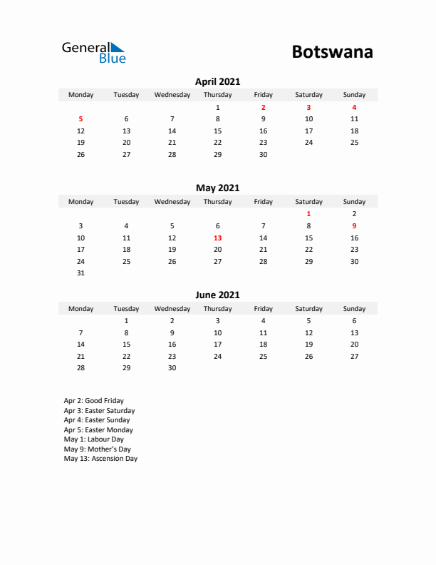 Printable Quarterly Calendar with Notes and Botswana Holidays- Q2 of 2021