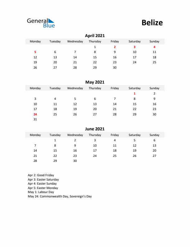 Printable Quarterly Calendar with Notes and Belize Holidays- Q2 of 2021