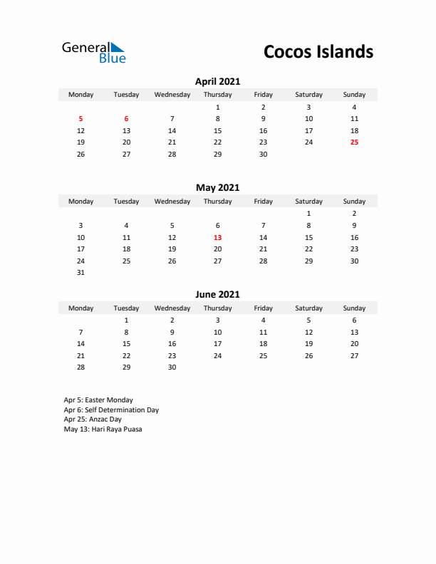 Printable Quarterly Calendar with Notes and Cocos Islands Holidays- Q2 of 2021