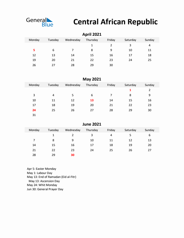 Printable Quarterly Calendar with Notes and Central African Republic Holidays- Q2 of 2021