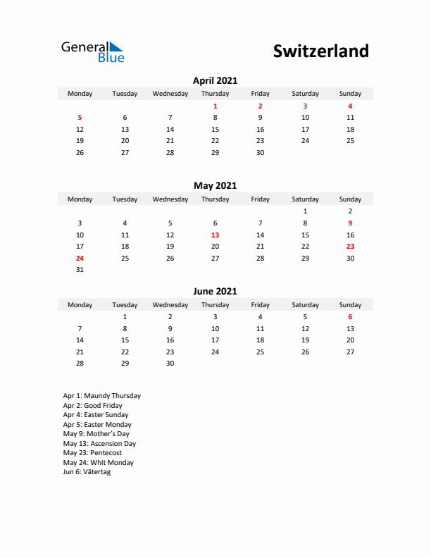 Printable Quarterly Calendar with Notes and Switzerland Holidays- Q2 of 2021