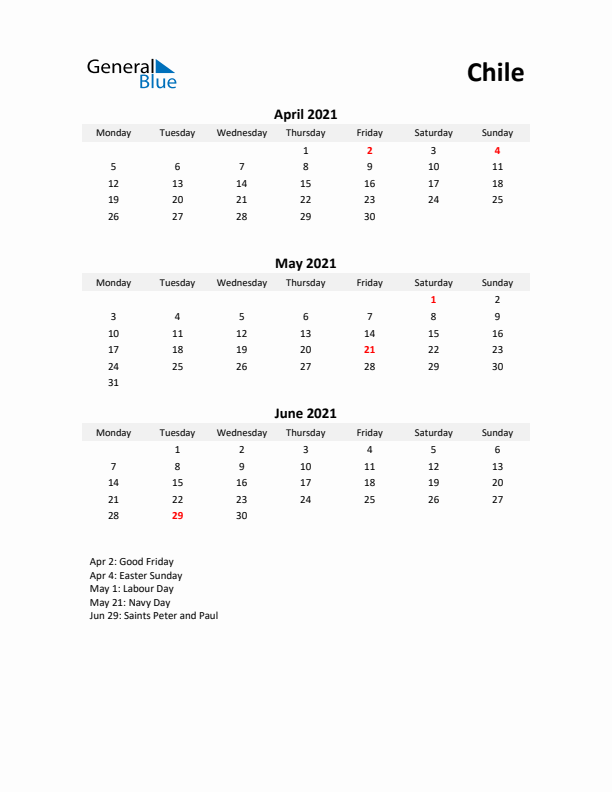 Printable Quarterly Calendar with Notes and Chile Holidays- Q2 of 2021