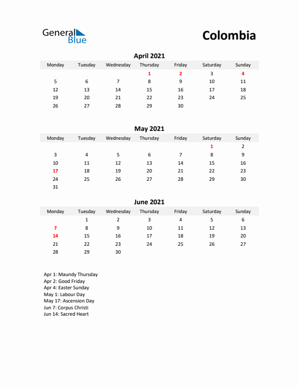 Printable Quarterly Calendar with Notes and Colombia Holidays- Q2 of 2021