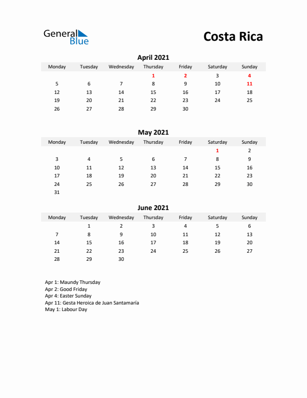 Printable Quarterly Calendar with Notes and Costa Rica Holidays- Q2 of 2021