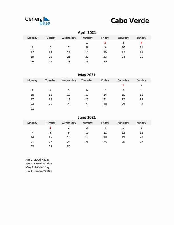 Printable Quarterly Calendar with Notes and Cabo Verde Holidays- Q2 of 2021