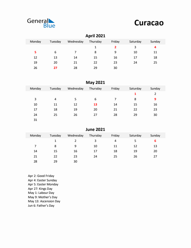 Printable Quarterly Calendar with Notes and Curacao Holidays- Q2 of 2021