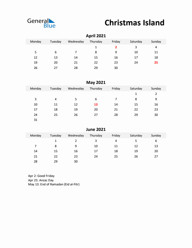 Printable Quarterly Calendar with Notes and Christmas Island Holidays- Q2 of 2021