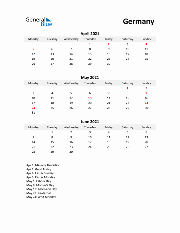 Printable Quarterly Calendar with Notes and Germany Holidays- Q2 of 2021