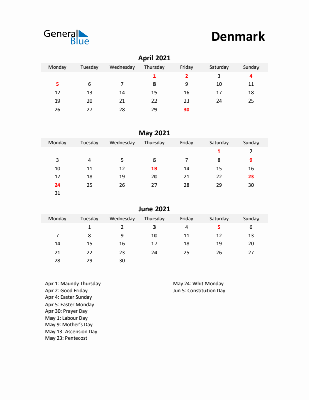 Printable Quarterly Calendar with Notes and Denmark Holidays- Q2 of 2021