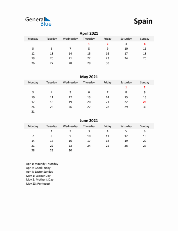 Printable Quarterly Calendar with Notes and Spain Holidays- Q2 of 2021