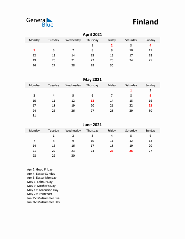 Printable Quarterly Calendar with Notes and Finland Holidays- Q2 of 2021