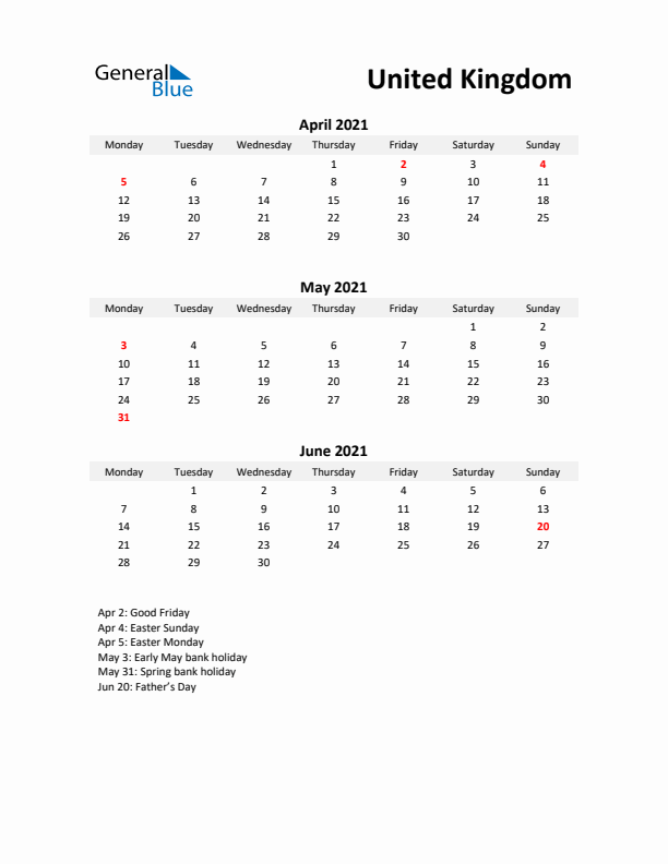 Printable Quarterly Calendar with Notes and United Kingdom Holidays- Q2 of 2021