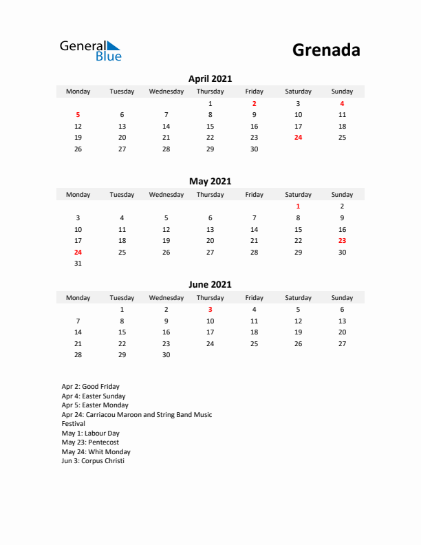 Printable Quarterly Calendar with Notes and Grenada Holidays- Q2 of 2021