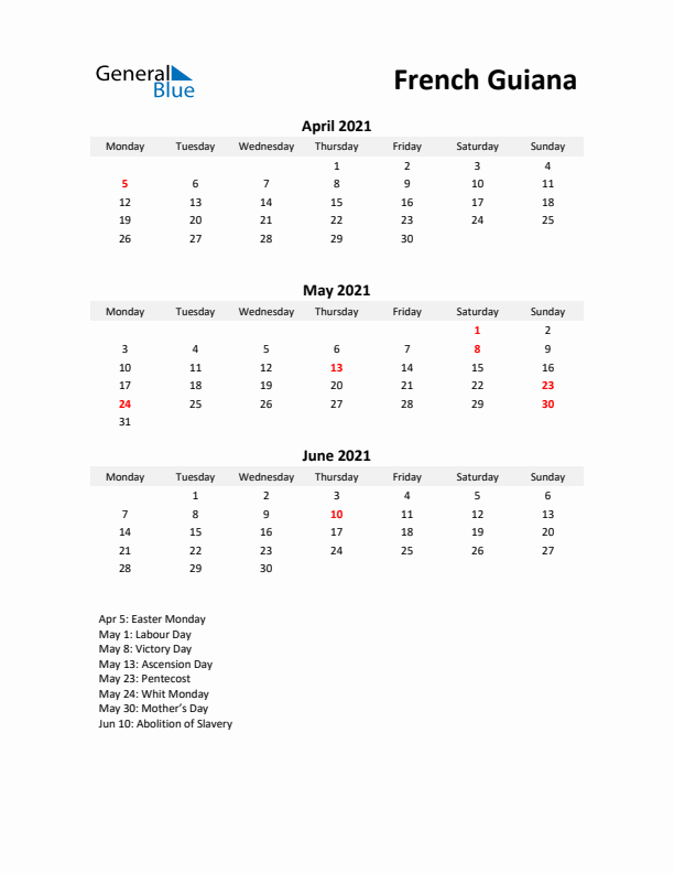 Printable Quarterly Calendar with Notes and French Guiana Holidays- Q2 of 2021