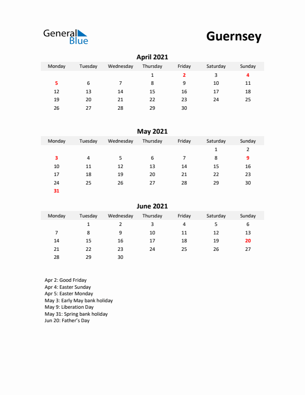 Printable Quarterly Calendar with Notes and Guernsey Holidays- Q2 of 2021