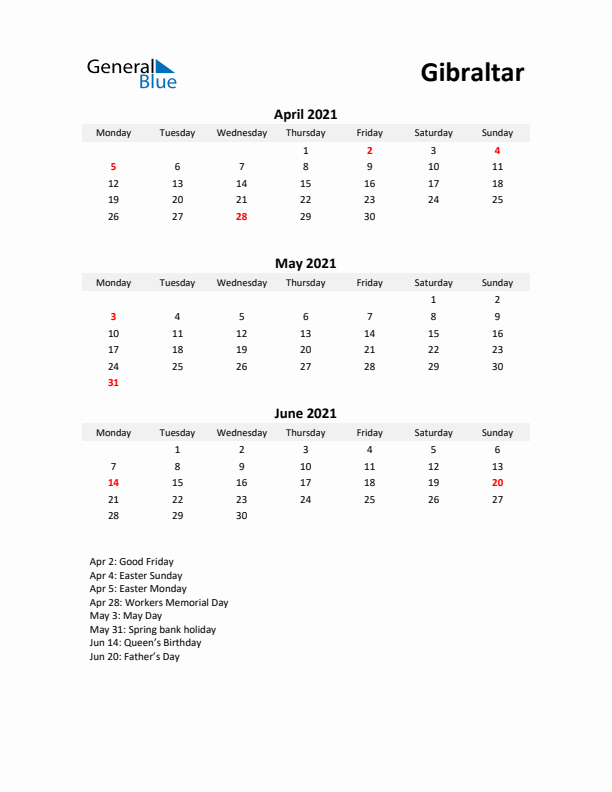 Printable Quarterly Calendar with Notes and Gibraltar Holidays- Q2 of 2021