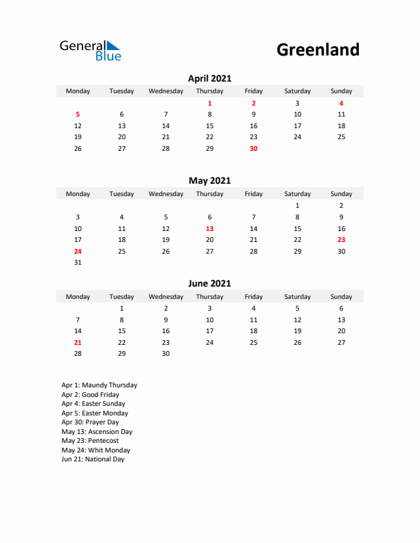 Printable Quarterly Calendar with Notes and Greenland Holidays- Q2 of 2021