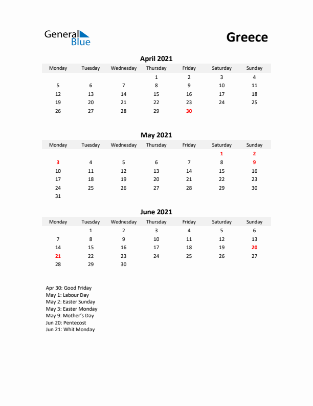 Printable Quarterly Calendar with Notes and Greece Holidays- Q2 of 2021