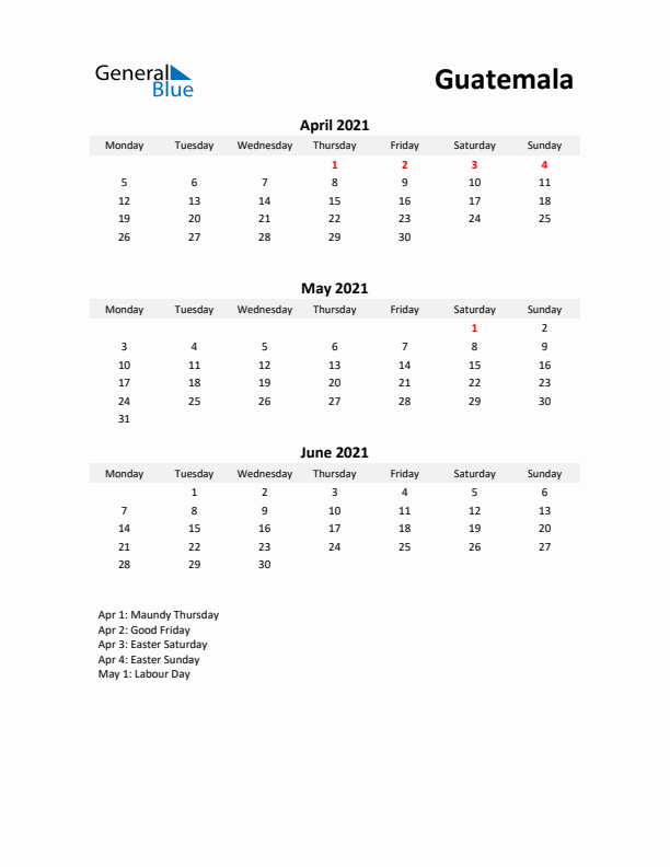 Printable Quarterly Calendar with Notes and Guatemala Holidays- Q2 of 2021