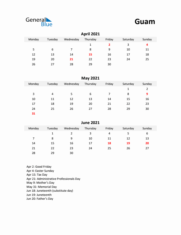 Printable Quarterly Calendar with Notes and Guam Holidays- Q2 of 2021