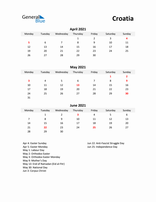 Printable Quarterly Calendar with Notes and Croatia Holidays- Q2 of 2021